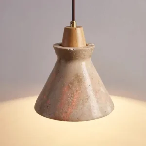 Modern Travertine & Wood Cone Pendant Light P3018 3