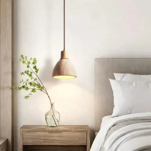 Modern Travertine & Wood Bell Pendant Light P3019 1