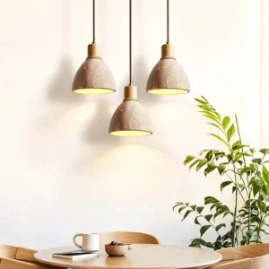Modern Travertine & Wood Bell Pendant Light P3019 2