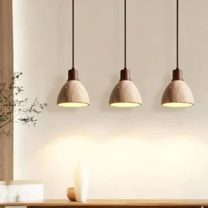 Modern Travertine & Wood Bell Pendant Light P3019 3