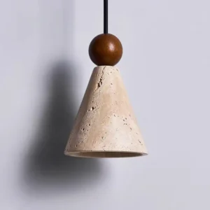 Modern Travertine & Walnut Wood Cone Pendant Light P3025 2