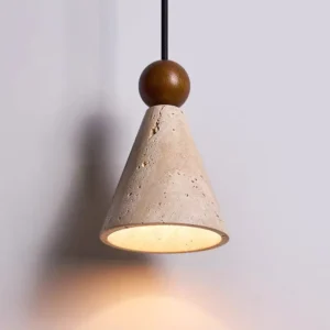 Modern Travertine & Walnut Wood Cone Pendant Light P3025 3