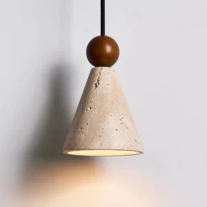 Modern Travertine & Walnut Wood Cone Pendant Light P3025 4