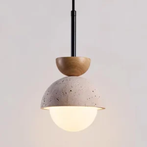 Minimalist Travertine & Wood Globe Pendant Light P3026 1