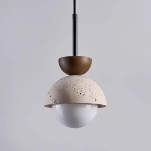 Minimalist Travertine & Wood Globe Pendant Light P3026 2