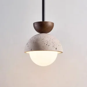 Minimalist Travertine & Wood Globe Pendant Light P3026 4