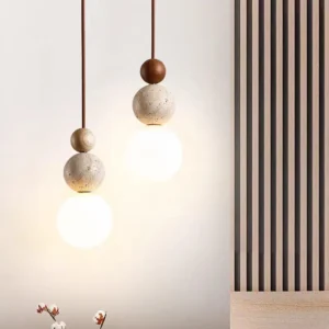 Organic Modern Travertine Wood Ball Pendant Lamp P3028 1