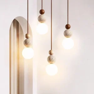 Organic Modern Travertine Wood Ball Pendant Lamp P3028 4