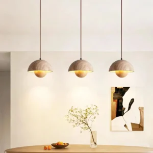 Travertine Dome Pendant Light with Wooden Globe P3033 1