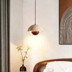 Travertine Dome Pendant Light with Wooden Globe P3033 2