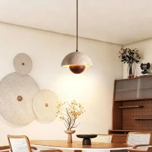 Travertine Dome Pendant Light with Wooden Globe P3033 4