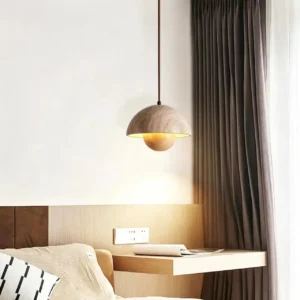 Travertine Dome Pendant Light with Wooden Globe P3033 5