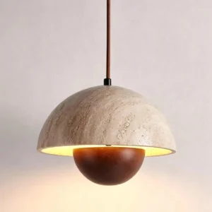 Travertine Dome Pendant Light with Wooden Globe P3033 6