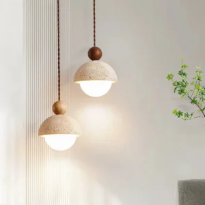 Minimalist Travertine & Wood Hanging Lamp P3035 1