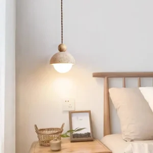 Minimalist Travertine & Wood Hanging Lamp P3035 2