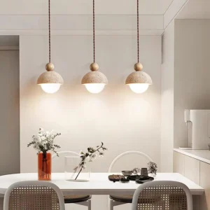 Minimalist Travertine & Wood Hanging Lamp P3035 3