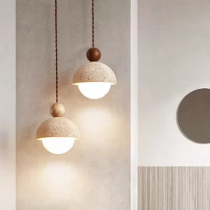 Minimalist Travertine & Wood Hanging Lamp P3035 4