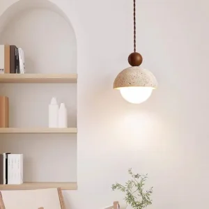 Minimalist Travertine & Wood Hanging Lamp P3035 5