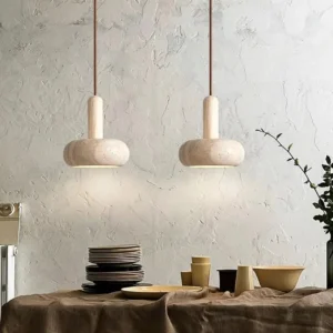 Wabi Sabi Travertine & Wood LED Pendant Light P3037 2
