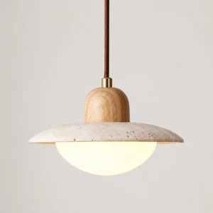 Japandi Travertine & Wood Hanging Lamp P3011