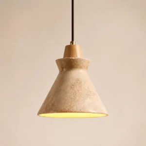 Modern Travertine & Wood Cone Pendant Light P3018
