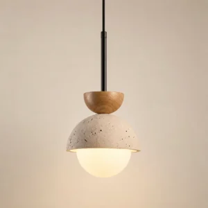 Minimalist Travertine & Wood Globe Pendant Light P3026
