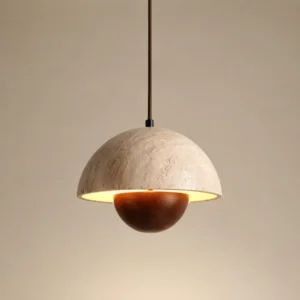 Travertine Dome Pendant Light with Wooden Globe P3033