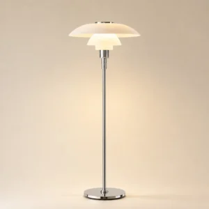 Mid Century Tiered White Glass Floor Lamp Polished Chrome Metal Pole FL-A011