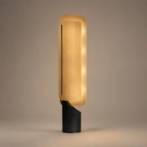 Double Layer Rectangle Linen Shade Floor Lamp Curved Matte Black Metal Base FL-A032