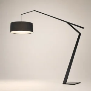 Angular Geometric Cantilever Black Metal Floor Lamp with Wide Fabric Drum Shade FL-A039
