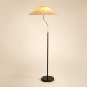 Japandi Arched Neck Pleated Shade Floor Lamp Black Metal Pole FL-A057