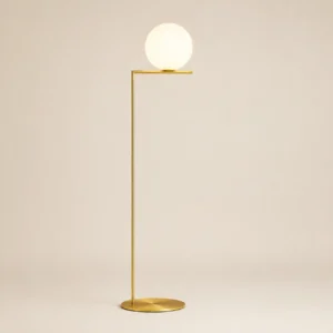 Brass Angular Metal Floor Lamp with Opaque White Glass Globe Shade FL-A066