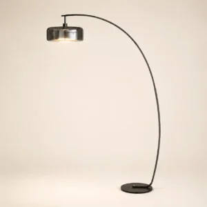 Black Metal Arc Fishing Floor Lamp with Drum Glass Shade FL-A073