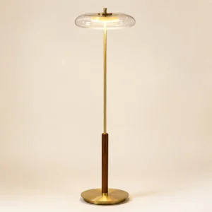 Modern Wood and Brass Floor Lamp with Glass Shade FL-B022