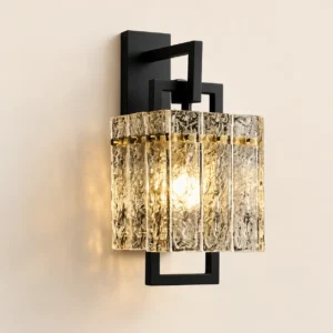 Modern Textured Glass Wall Light with Black Geometric Frame WA1019