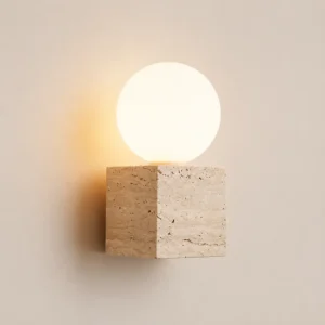 Minimal Cube Yellow Travertine With Top Round Frosted Glass Wall Sconce WB2029
