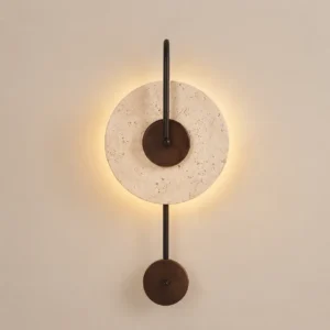 Vertical Black Rod Layered Travertine & Dual Wood Disc Minimalist Wall Sconce WB2043
