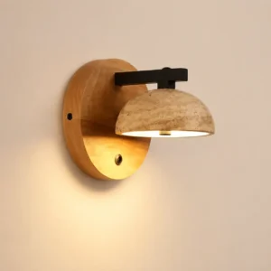 Wabi Sabi Half Moon Wood Backplated Travertine Dome Wall Sconce WB2048