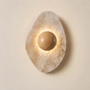 Minimalist Teardrop Travertine Inlaid Wood Globe Wall Sconce WB2049