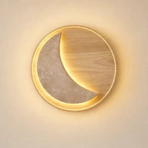 Eclipse Crescent Travertine Solid Wood Round Base Minimalist Wall Sconce WB2053