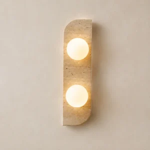 Minimalist Vertical Natural Travertine Rounded Opal Glass Wall Sconce WB2055