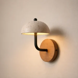 Wood Base Mushroom Travertine Dome Curved Arm Minimalist Wall Sconce WB2056