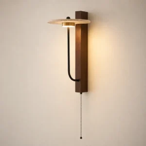 Vertical Wood Base Travertine Disc Pull Chain Curved Arm Wall Sconce WB2057