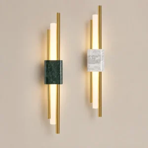Minimalist Vertical Dual Rod Marble Brass Metal Linear Wall Sconce WC3021