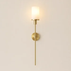 Slim brass wall light with white cylindrical shade WD4001
