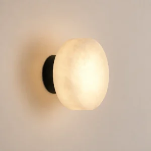 Minimalist Round Shape Alabaster With Matte Black Base Wall Sconce WD4006