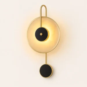 Art Deco Round Alabaster With Black & Brass Metal Wall Lamp WD4009